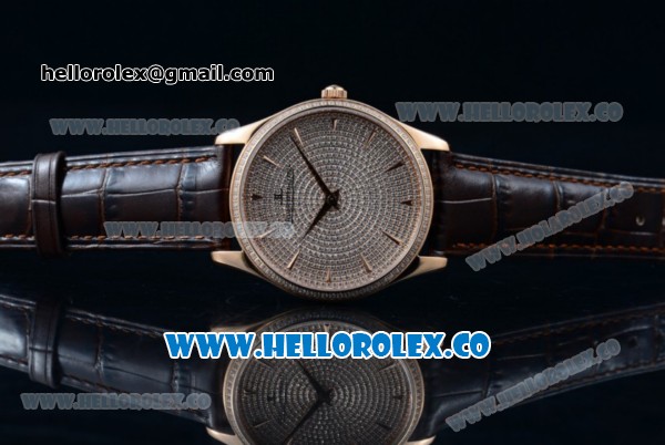 Jaeger-LECoultre Master Grande Ultra Thin Miyota 9015 Automatic Rose Gold Case with Diamonds Dial Stick Markers and Brown Leather Strap - Click Image to Close